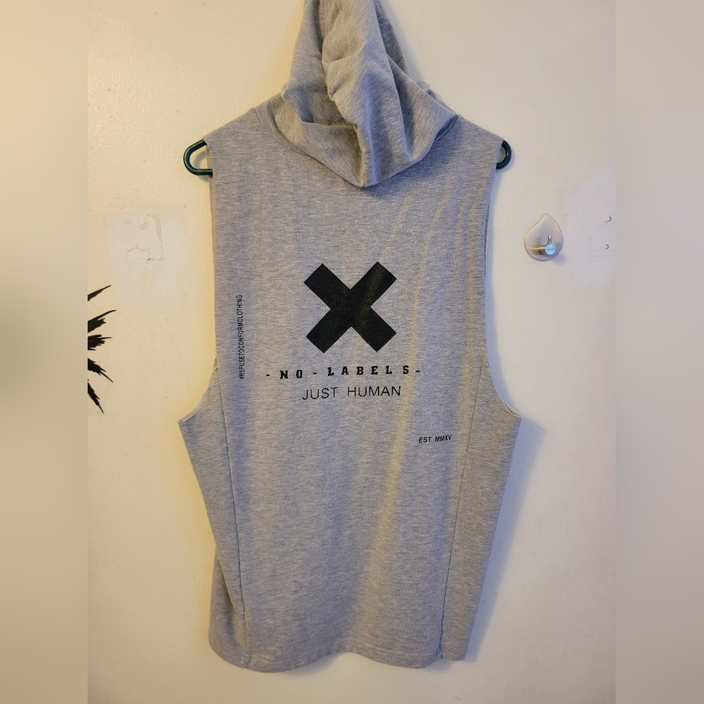 Gray Sleeveless Hoodie with Graphic Print
